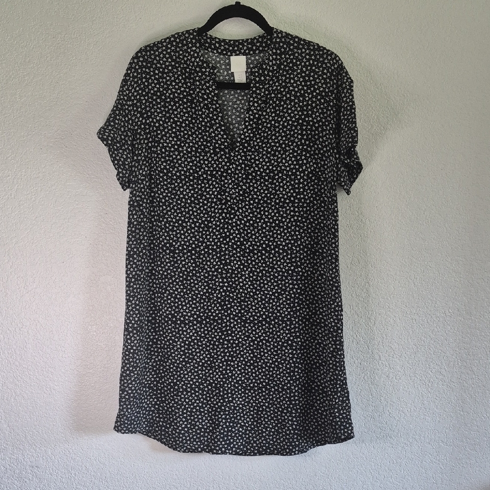 H&M Elegant Foliage V-Neck Summer Dress in Black & White Leaves Sz 2 Lightweight